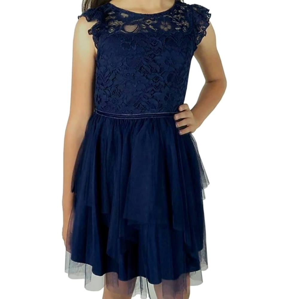 NEW Zunie Girl Lace to Mesh Navy Blue Occasional Formal Event Dress Size 14